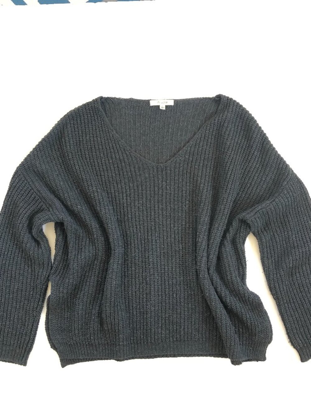Boxy Oversized Ribbed Knit Sweater Size Large V-Neck Dark Gray Slouchy Side Slit
